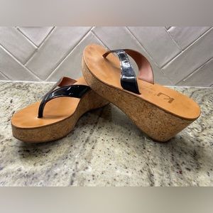 K Jacques Saint-Tropez Black Patent Cork Wedge